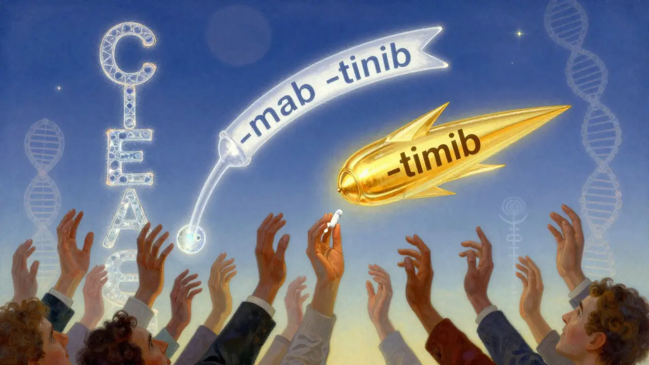 Floating drug names in celestial sky — chemical, generic with stems, and brand — as diverse hands reach for pills under glowing AI and RNA symbols.