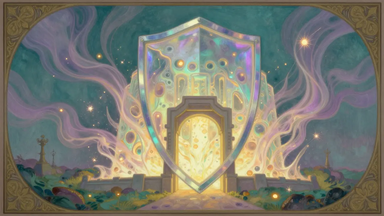 Protective shield surrounding cellular structure in soft pastel colors and light