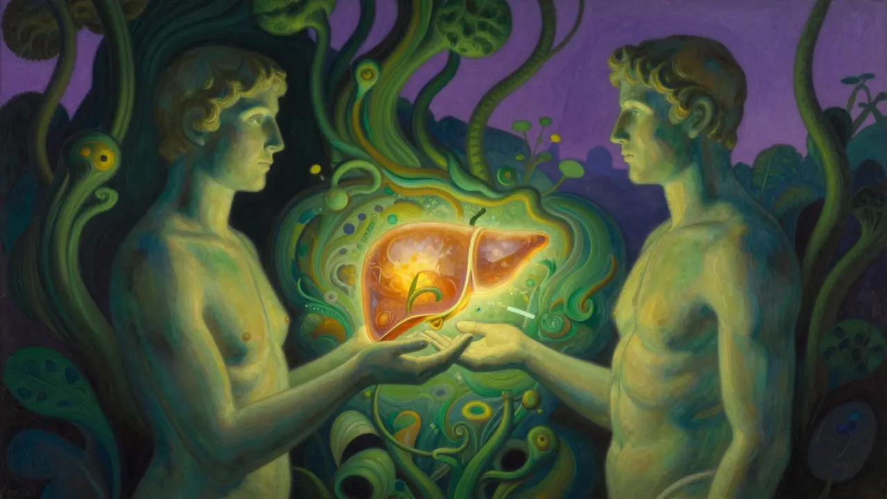 Stylized figures exchange a glowing liver organ in a vibrant artistic setting.