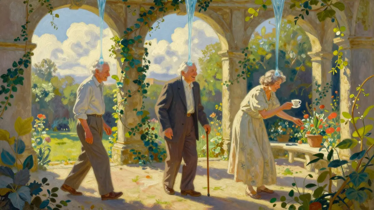 Three elderly individuals enjoy restored mobility and joy in a sunlit garden, representing life after successful shunt surgery.