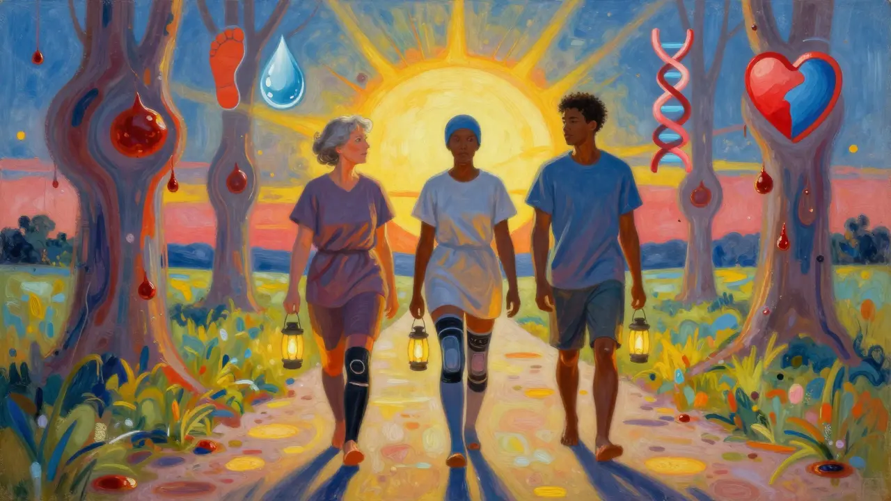 Three individuals walking toward sunlight, each wearing compression stockings and holding lanterns of prevention.