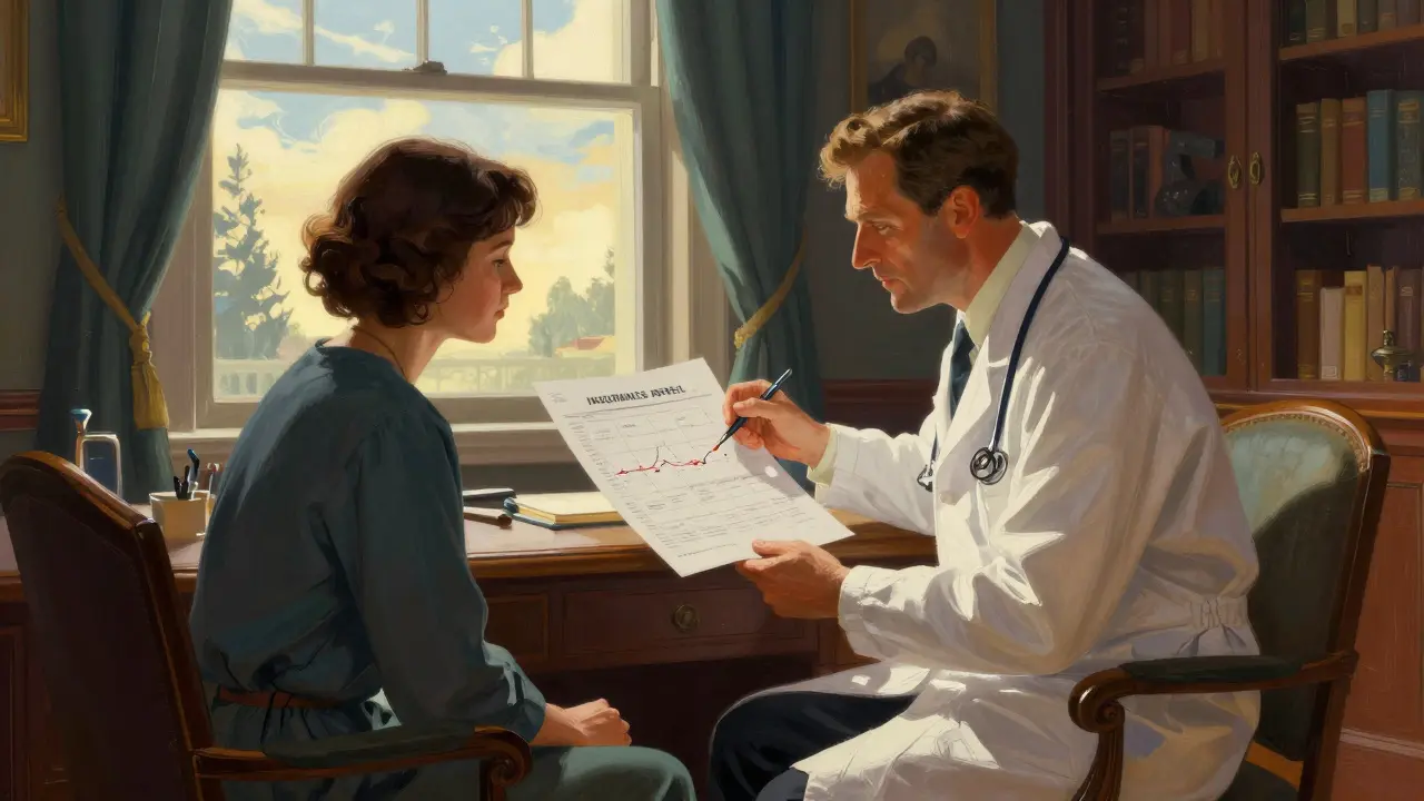 A doctor and patient collaborating in a classically styled, brightly lit office.