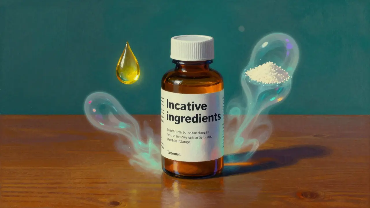 A medication bottle surrounded by floating symbols of inactive ingredients