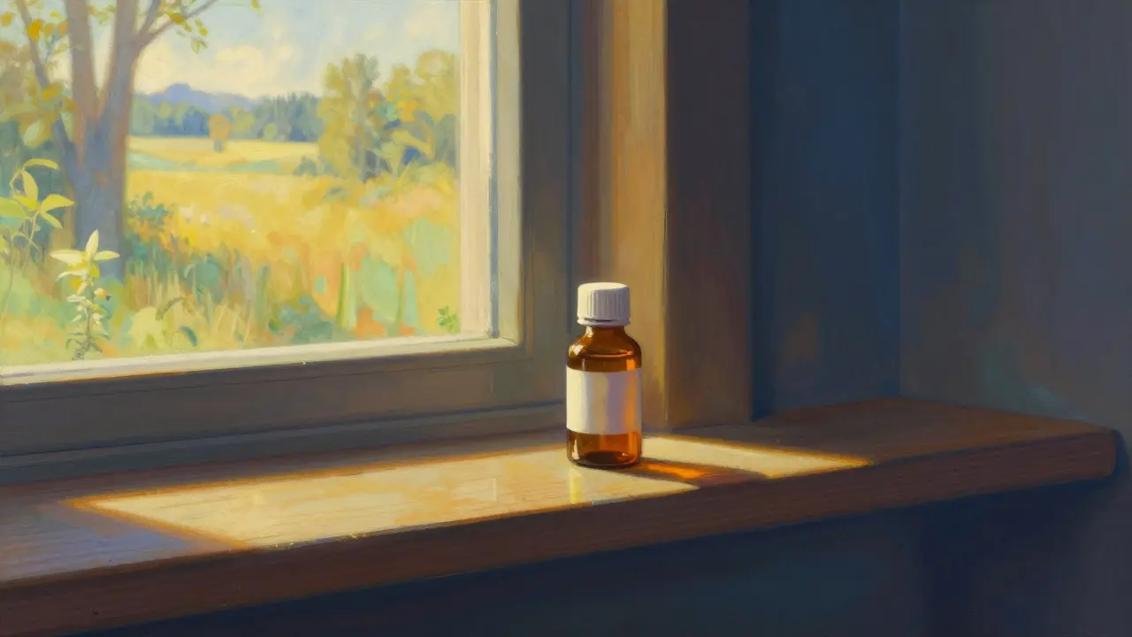 A medicine bottle stored in a cool, shaded area away from bright sunlight in a dreamy artistic style.