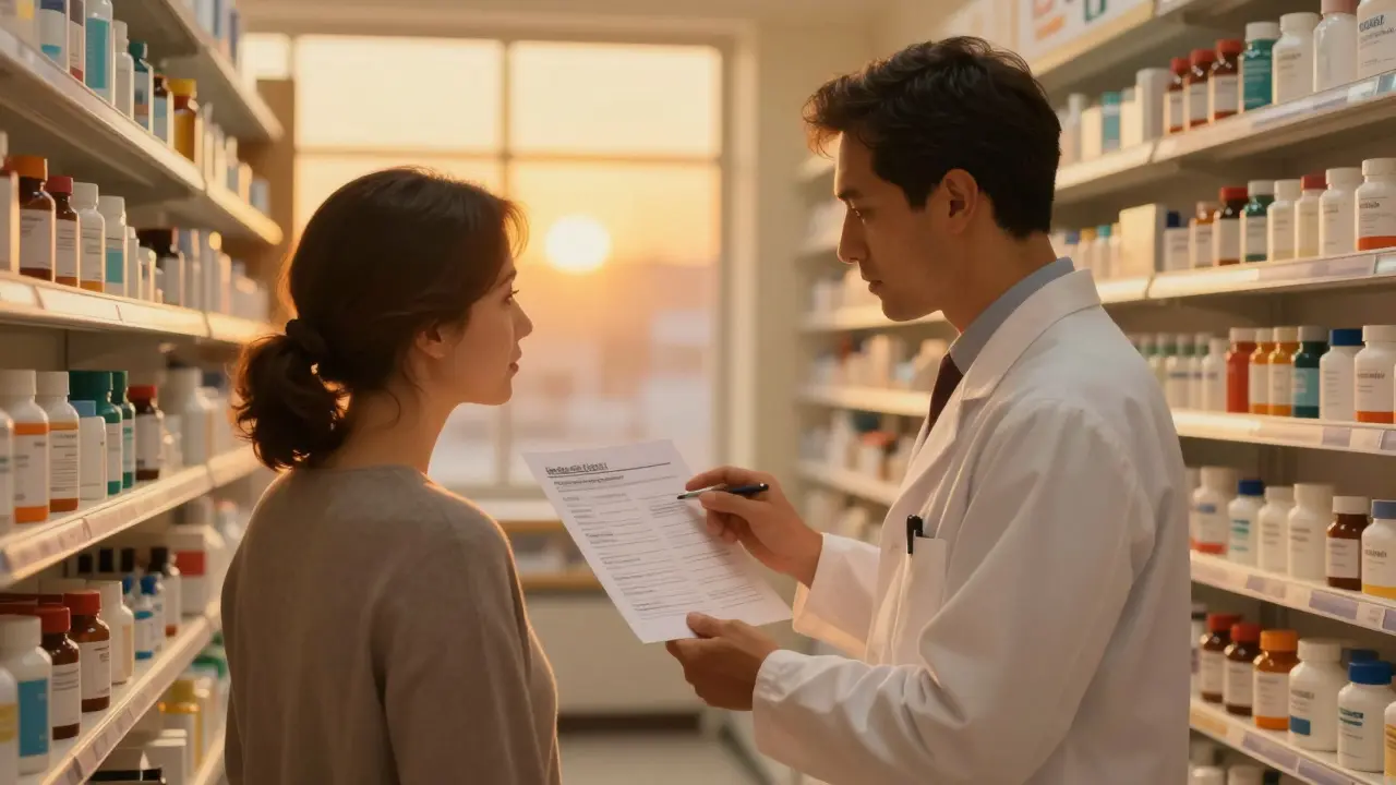 A patient and pharmacist reviewing a medication ingredient list together