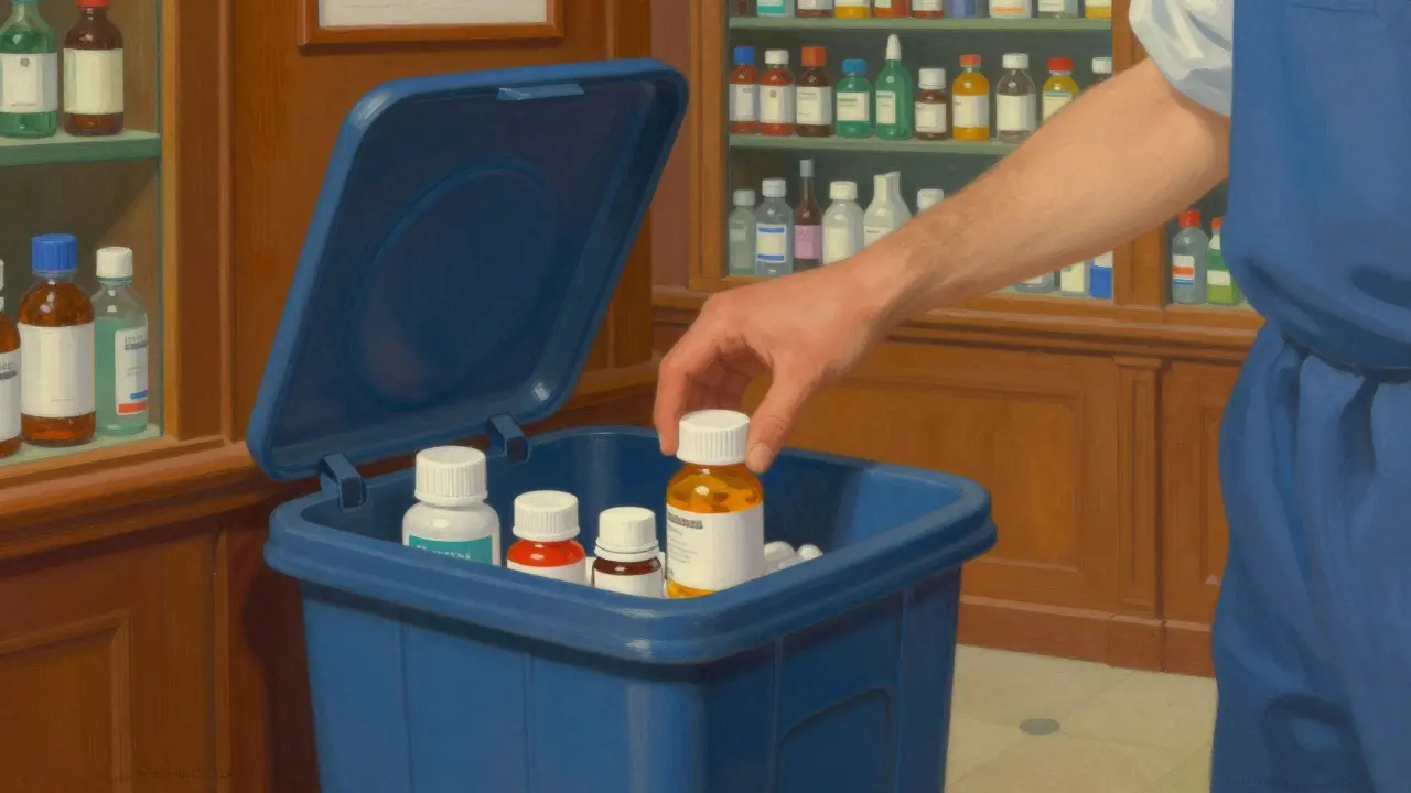 A person placing expired medication into a pharmacy take-back bin.