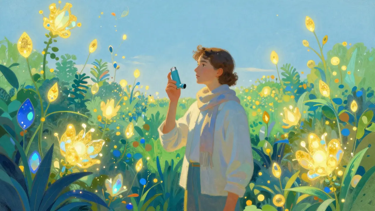 A person standing in a luminous garden symbolizing respiratory health and prevention.