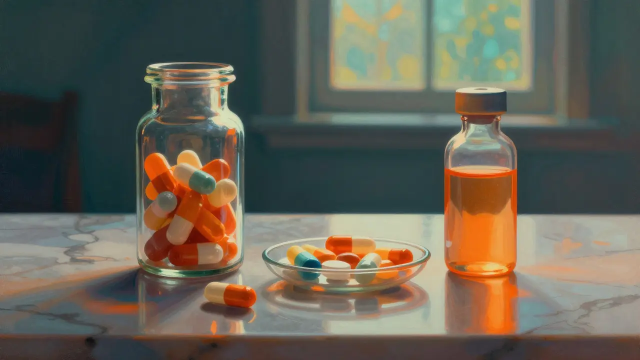 A still life of Phenytoin capsules, tablets, and liquid suspension with vibrant, luminous colors.