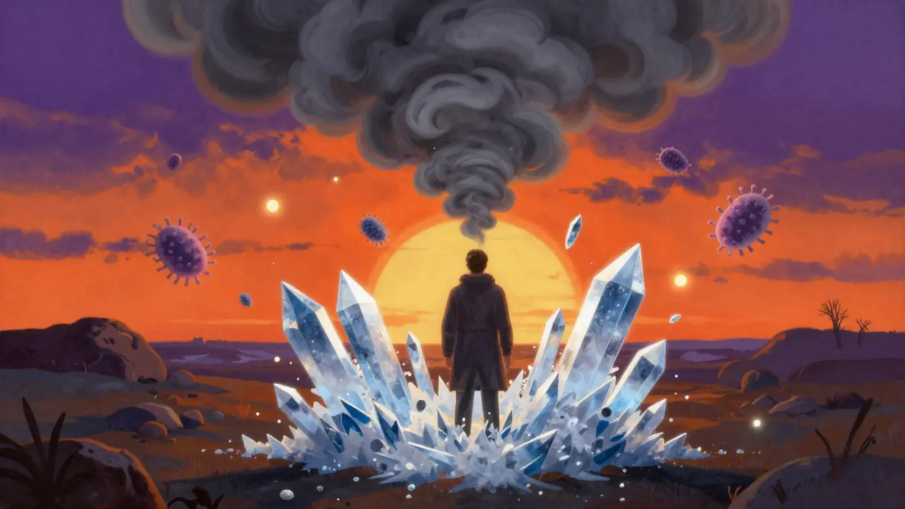 A surreal landscape depicting air pollution, cold air, and germs as COPD triggers.