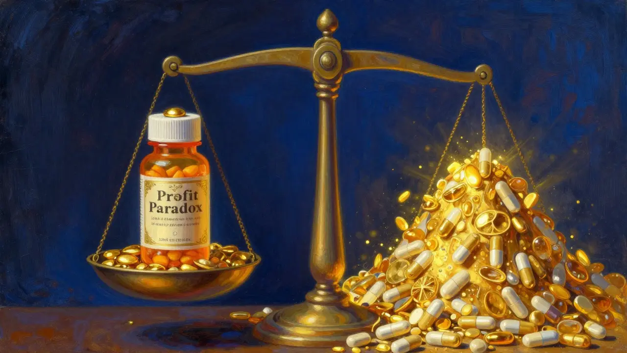 Conceptual art showing a scale balancing a brand-name drug against a mountain of generic pills.