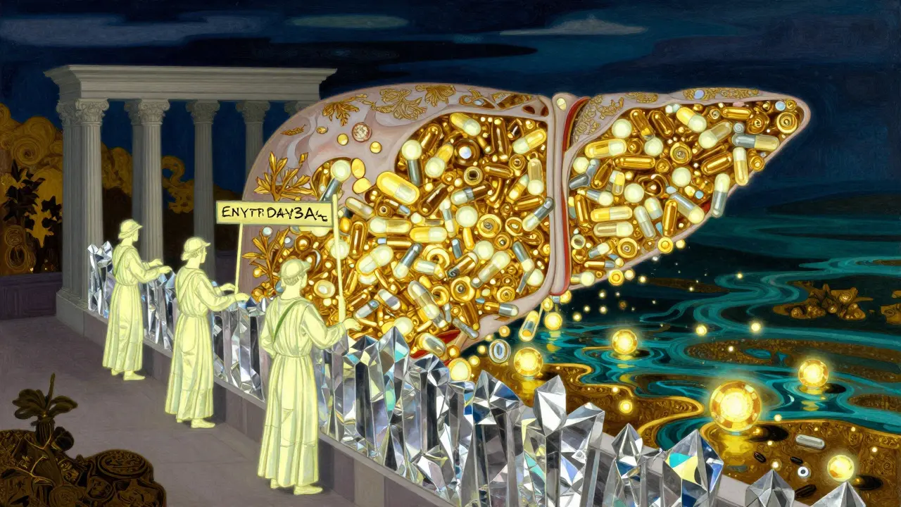 Conceptual illustration of enzymes being blocked, causing a buildup of medication molecules.