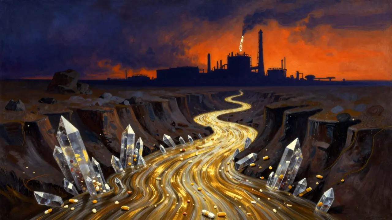 Dramatic scene of a golden river of medicine interrupted by a cliff, symbolizing drug shortages.