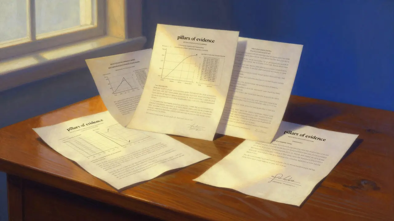 Glowing medical documents and lab reports on a table in a luminous setting.
