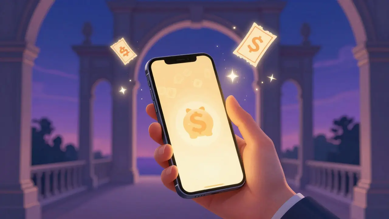 Hand holding a glowing smartphone with shimmering discount coupons