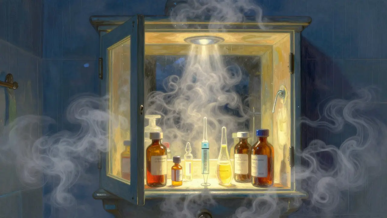 Medicine bottles in a steamy bathroom cabinet with ethereal blue and gold light.