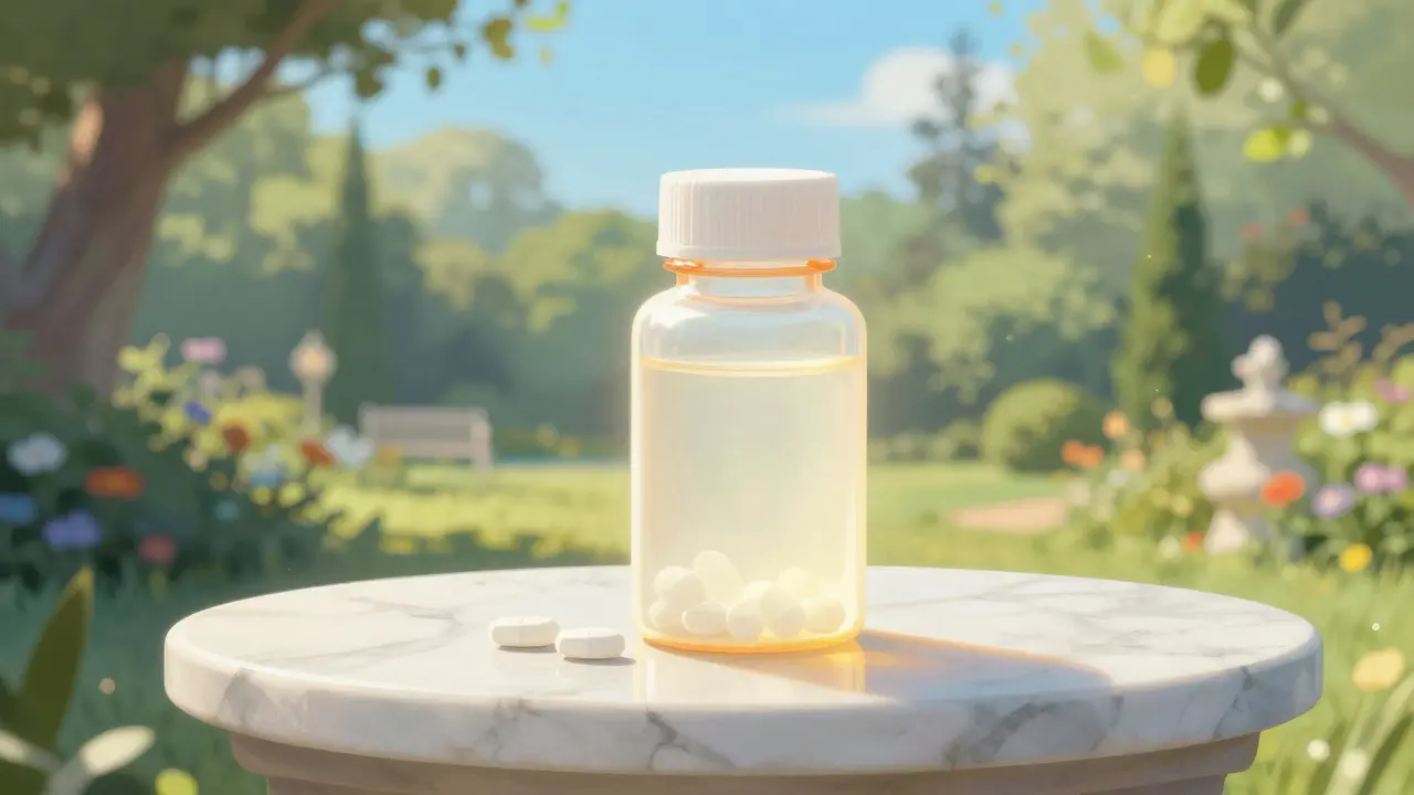 Thyroid medication bottle on a marble plinth in a serene garden